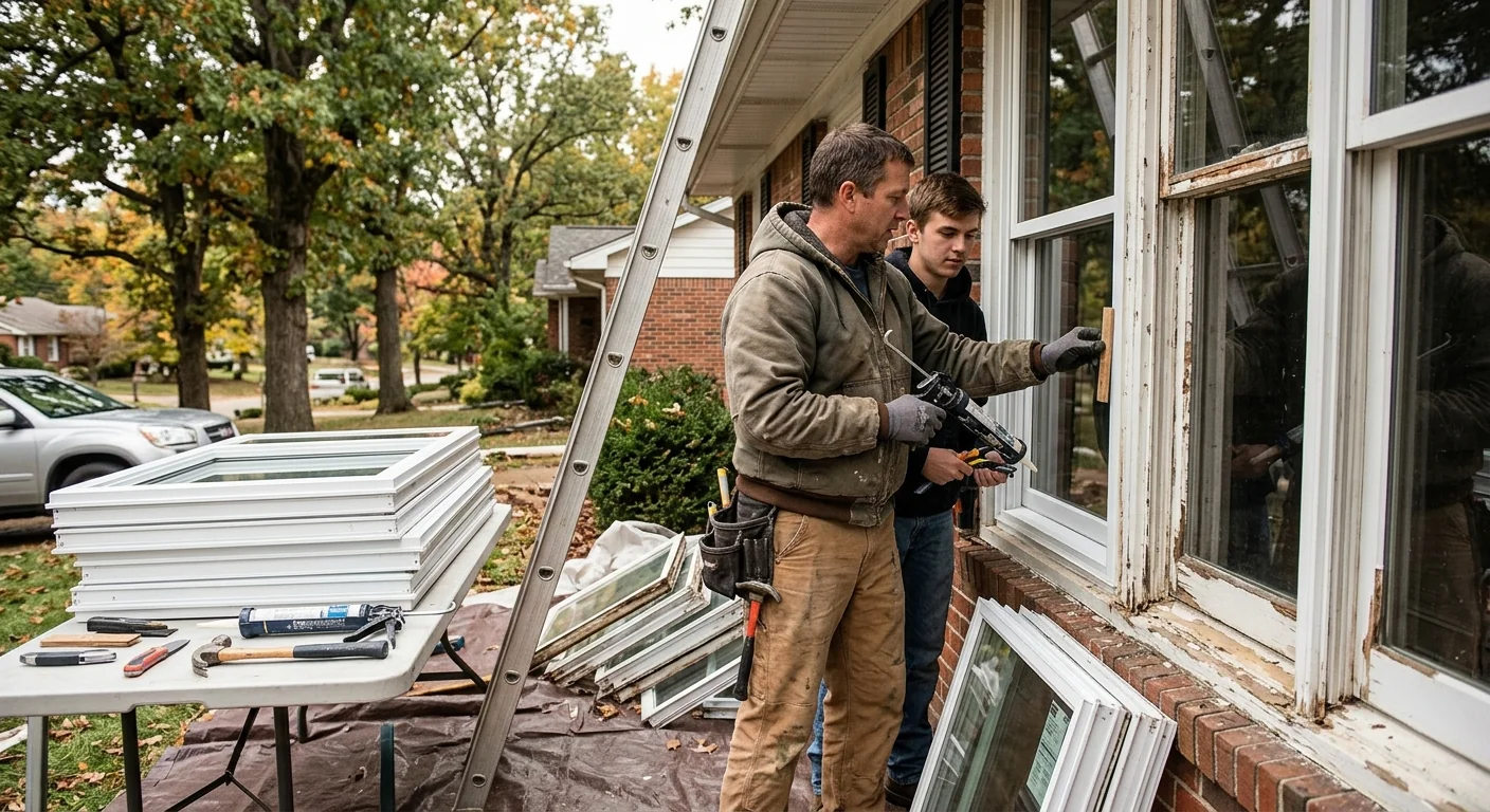 Crew restoring an aging window frame on a Wildwood home