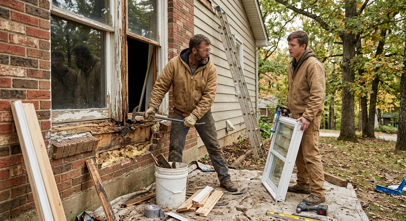 Installer reviewing a written estimate with a homeowner beside restored windows in Wildwood