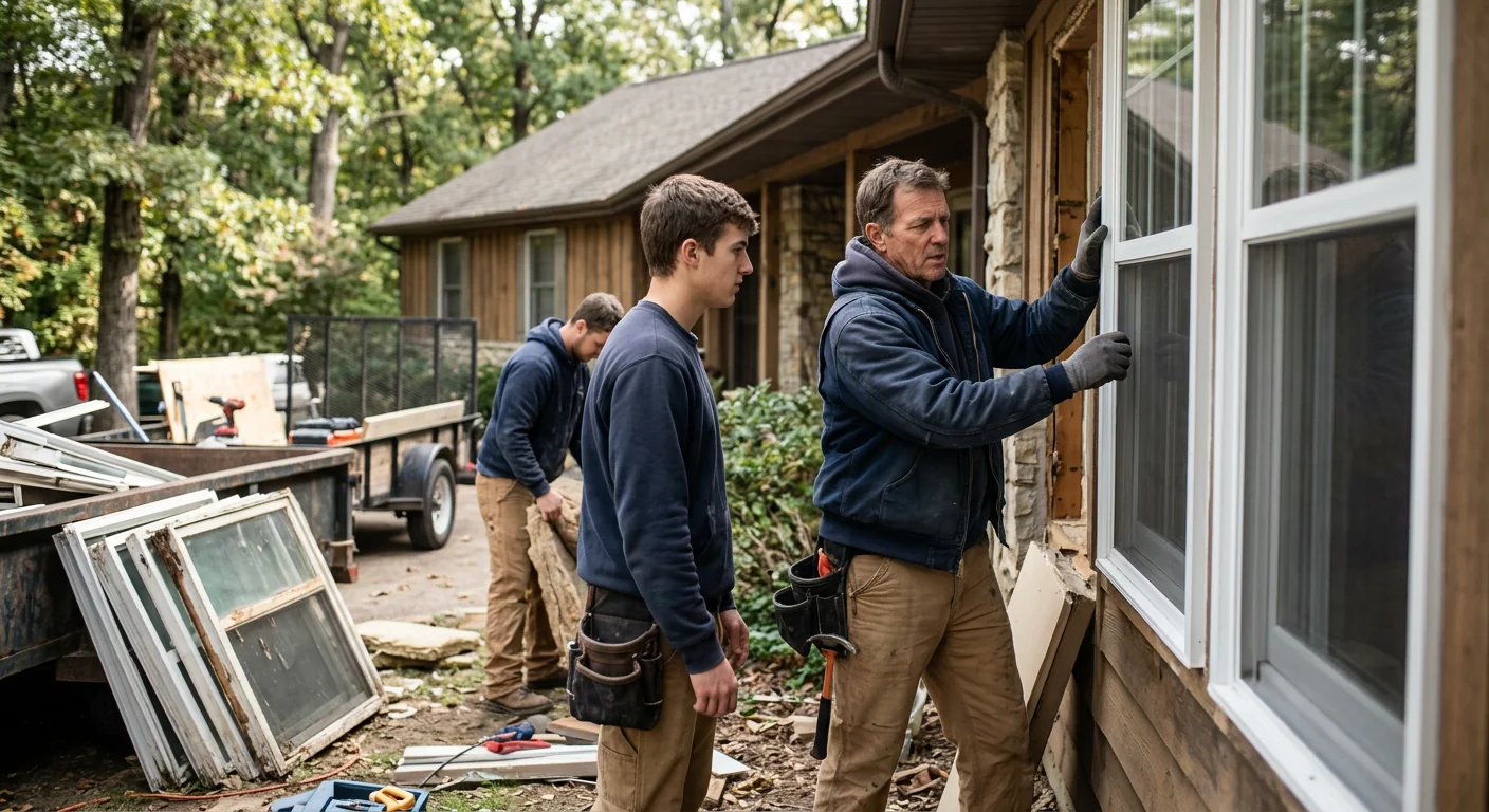 Window replacement equipment and staging set up outside a Wildwood home