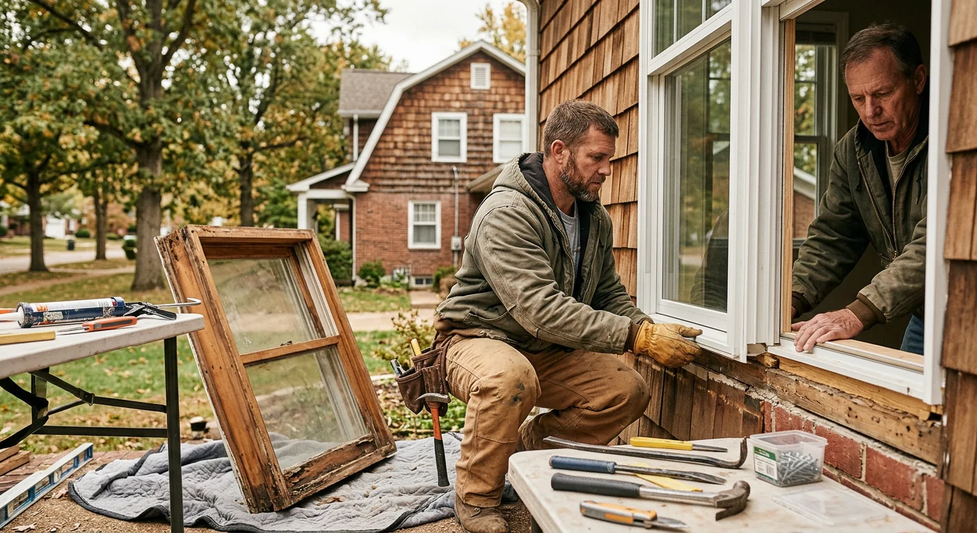 Installer checking the seal on a newly set replacement window in Wildwood