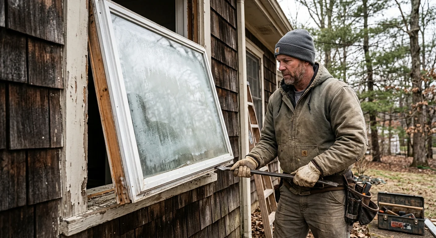 Foggy double-pane window with failed seal on an aging Wildwood home