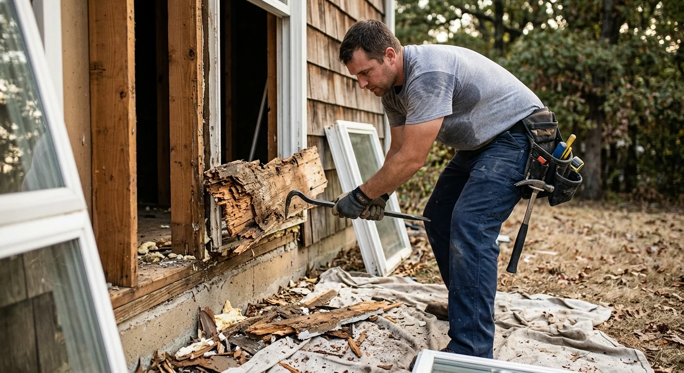 Contractor removing a rotted window frame during replacement work in Wildwood