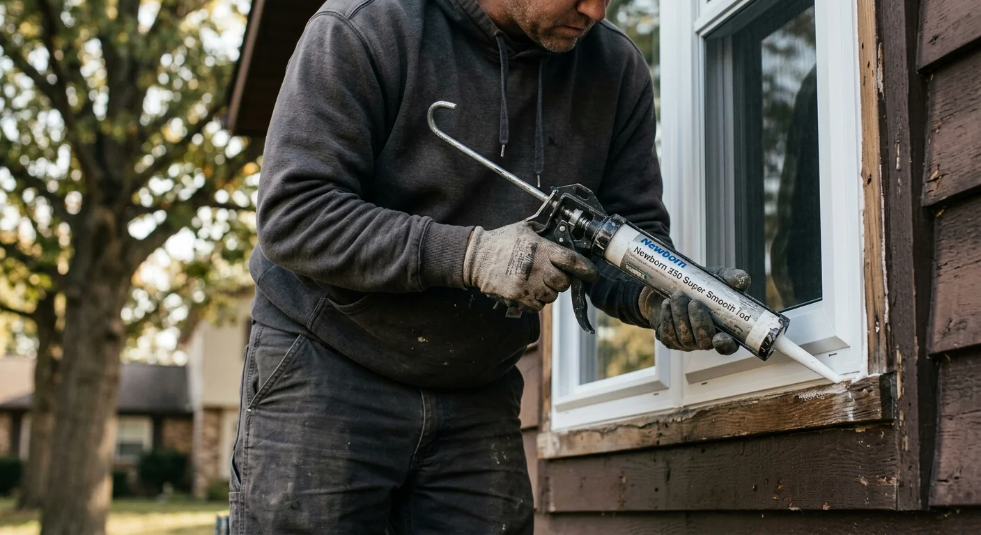 Close-up of caulking gun sealing a new vinyl window frame in Wildwood home