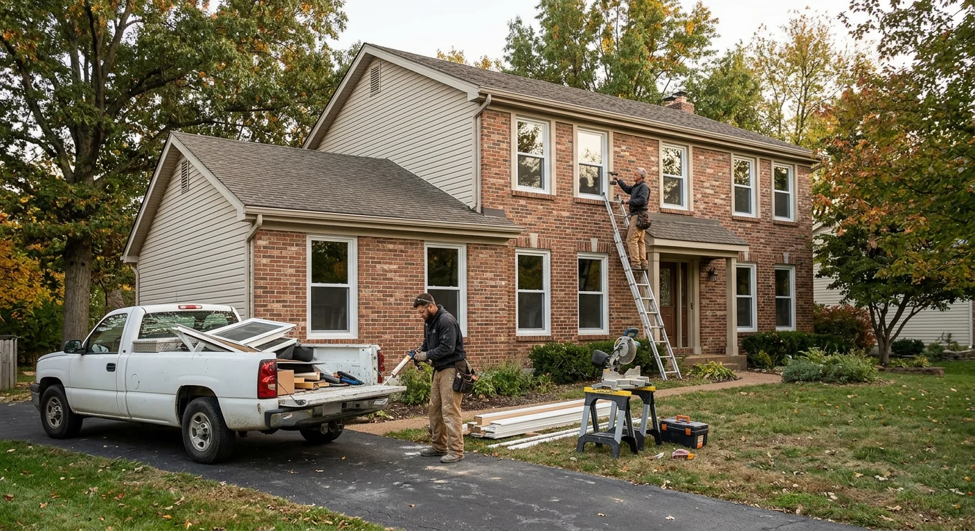 Wide shot of two-story suburban house with freshly installed double hung windows