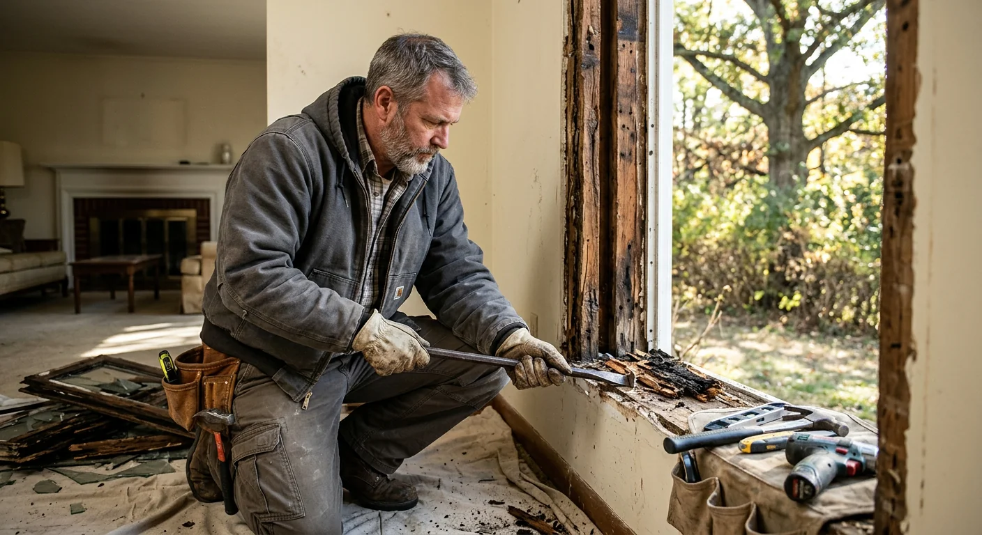 Old rotted wood window sash removed showing weathered rough opening before replacement