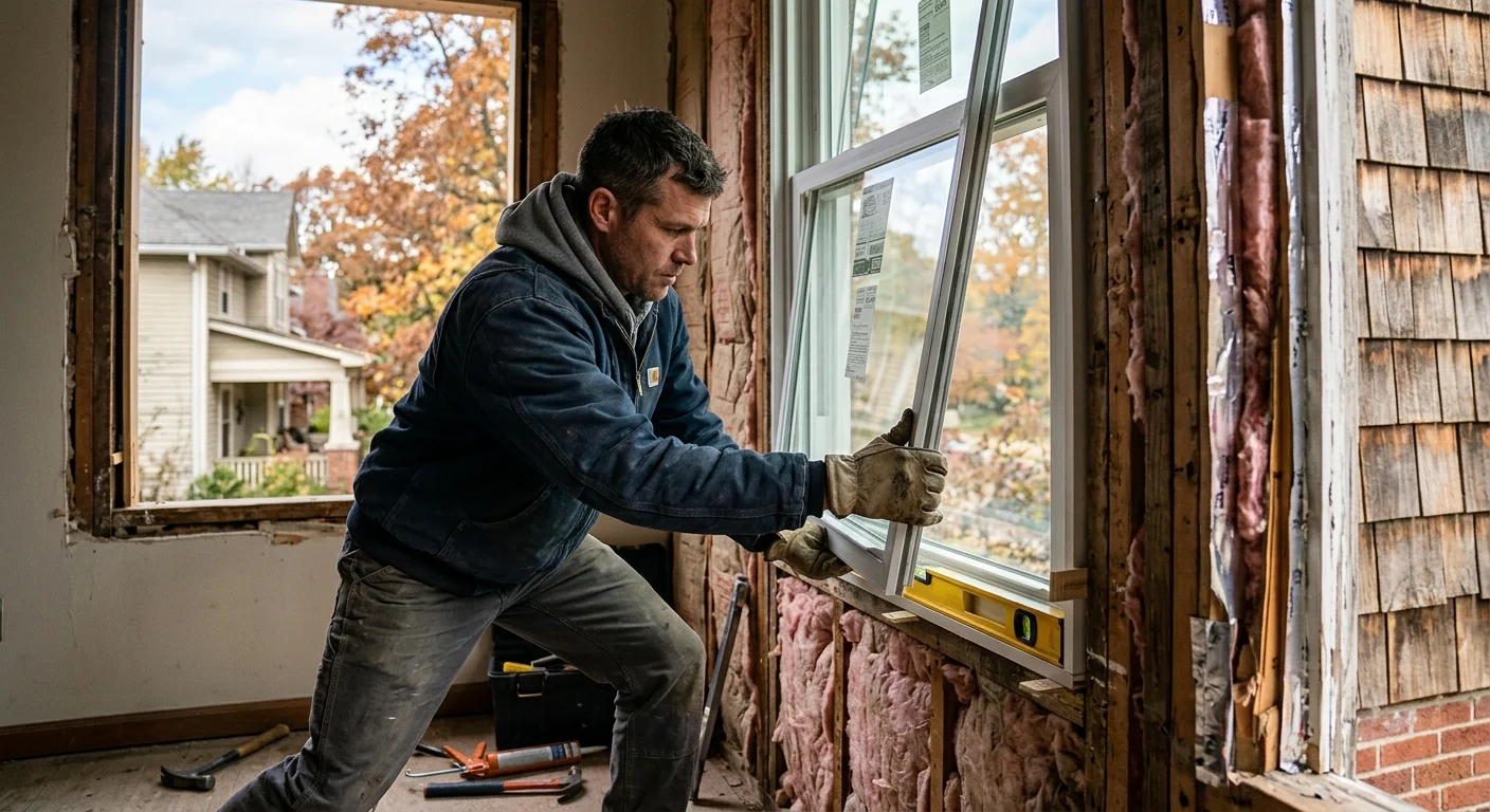 Installer setting energy efficient window into leveled opening with insulation visible
