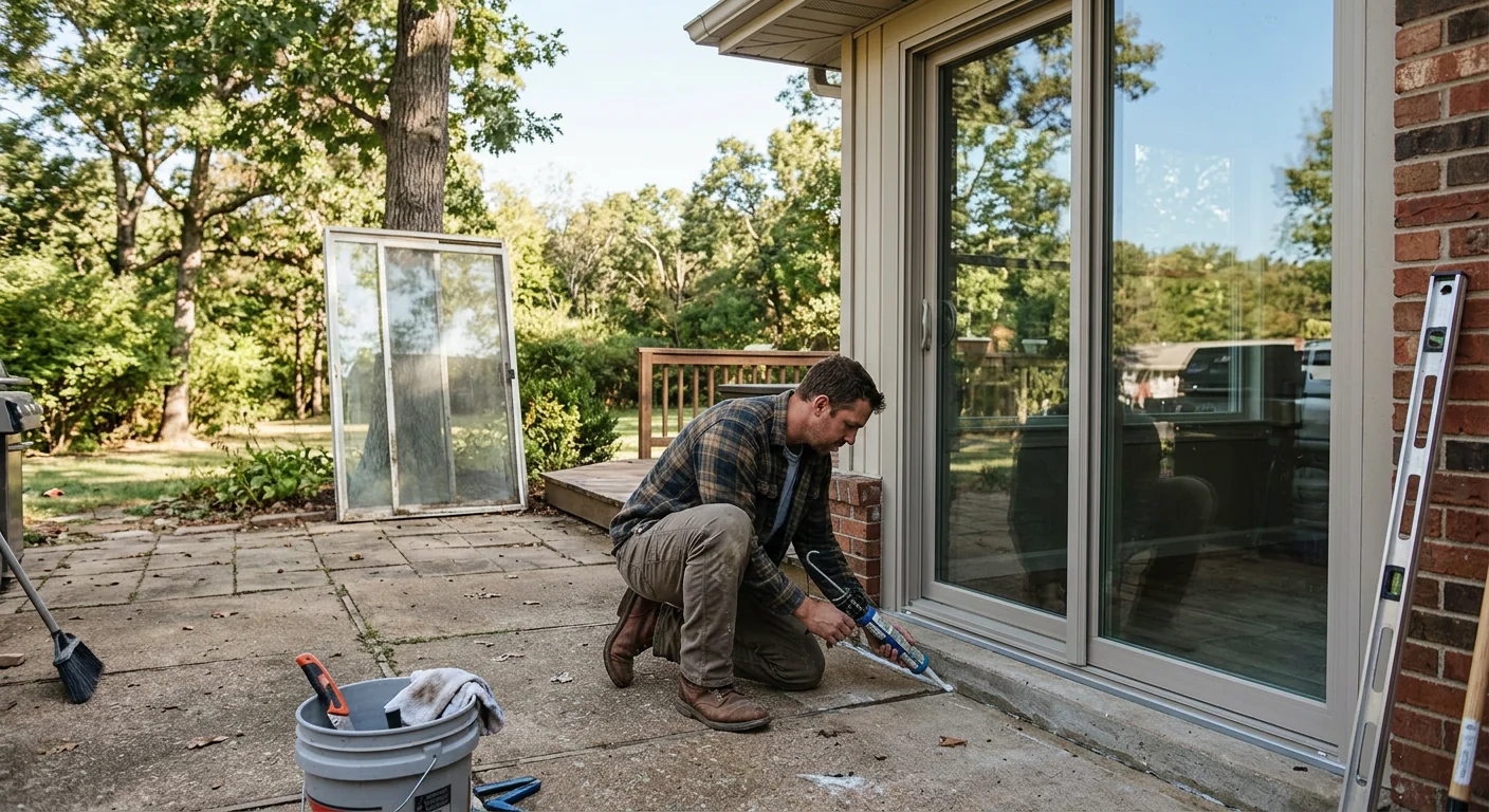 Finished sliding glass door replacement on a backyard patio under clear sky
