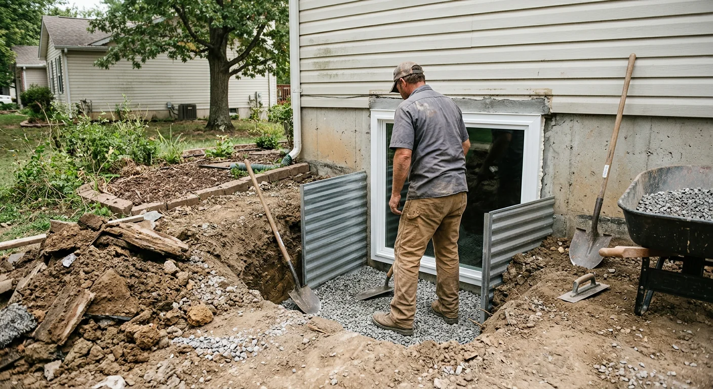 Basement egress window installation with excavated well and gravel drainage in place