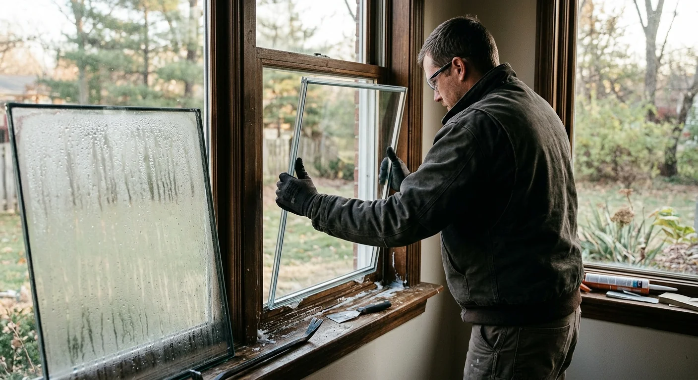 Detail of low-E insulated glass pane replacing a fogged failed sealed unit