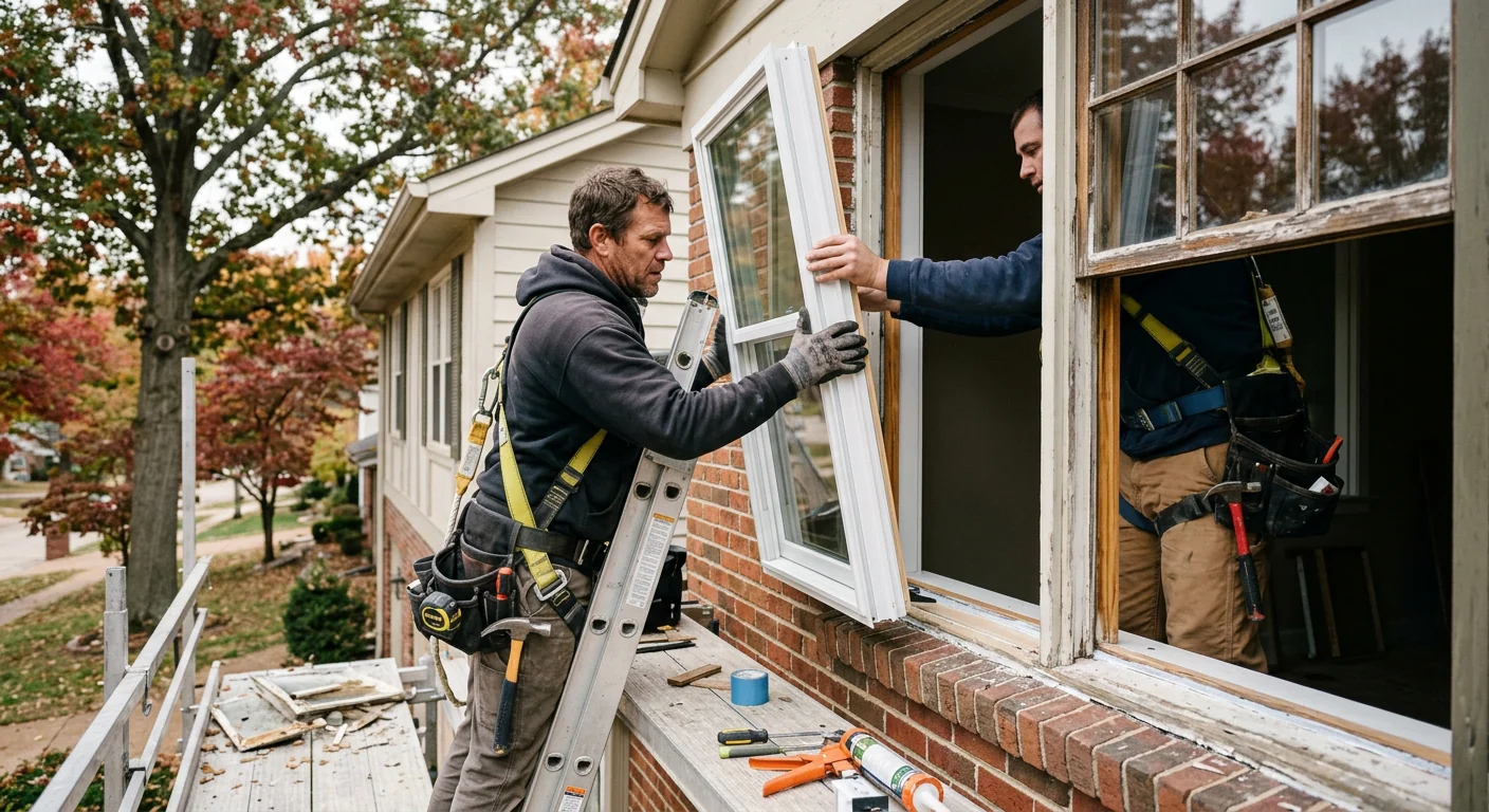 Window replacement crew wearing safety harnesses during a second story installation in Wildwood