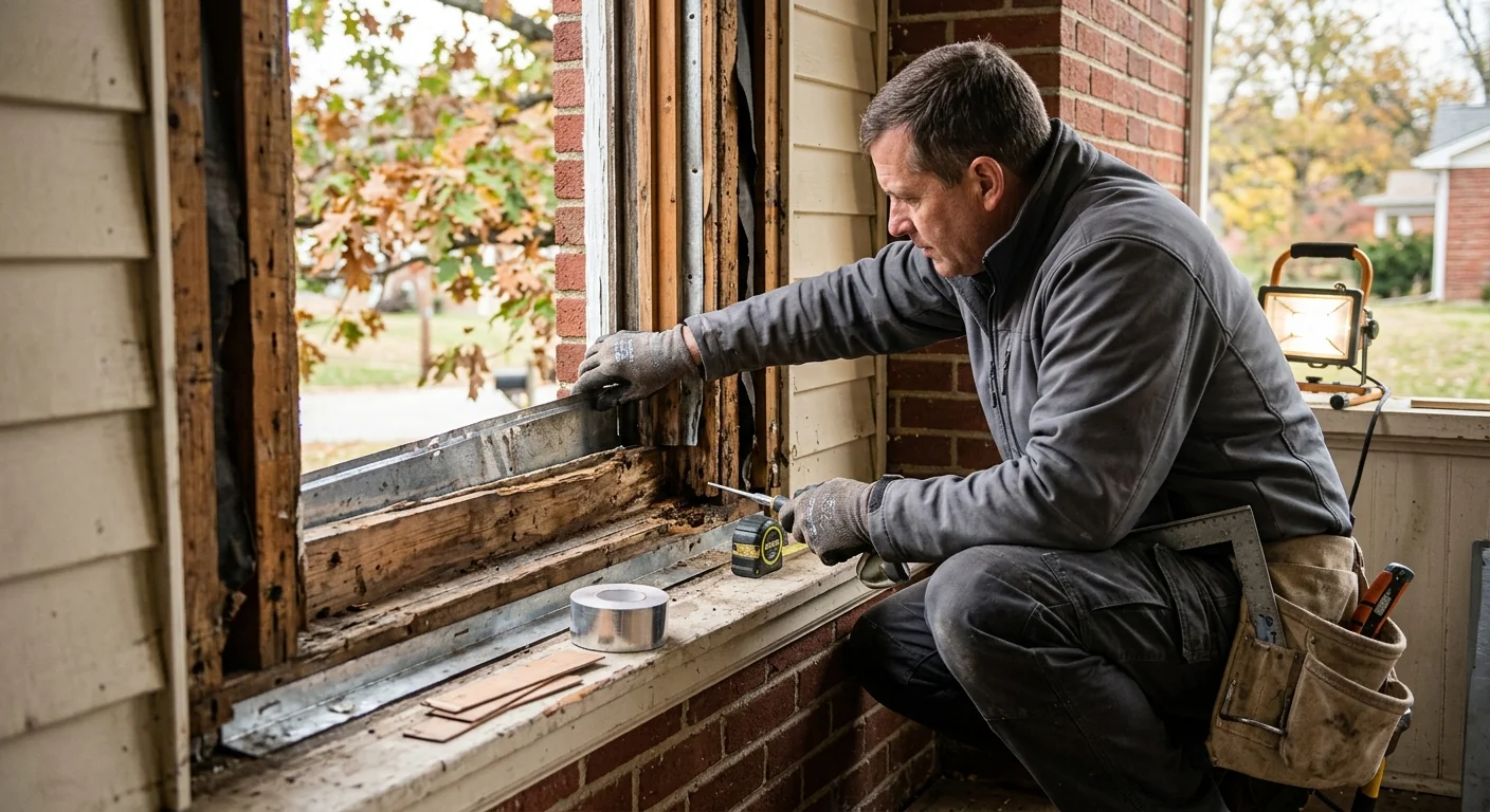 Technician inspecting flashing and framing before fitting a new energy efficient window