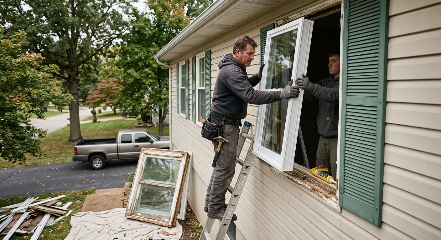 Window replacement crew reviewing finished installation with a homeowner in Wildwood