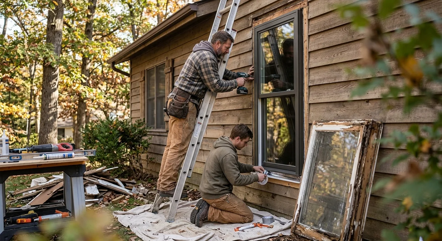 Technician fitting a replacement window opening on a Wildwood property job site